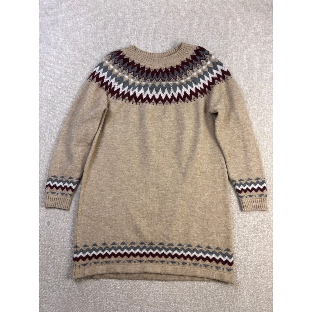 Coco + Carmen Tan Fair Isle Knit Sweater Dress Womens L/XL Long Sleeve Acrylic